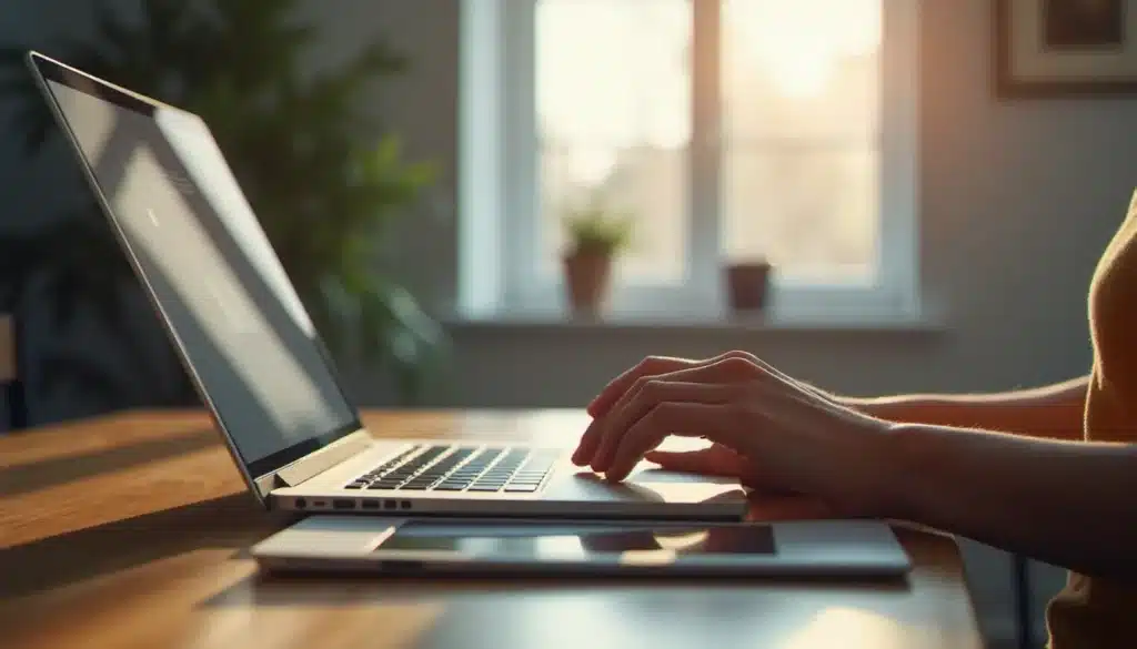 Personne utilisant une interface d'assistant claude ia sur ordinateur portable dans un bureau lumineux