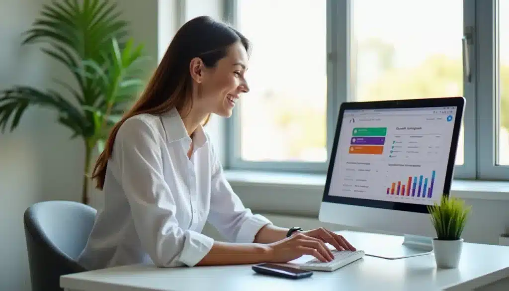 Une professionnelle analysant ses résultats de campagne mailchimp sur un ordinateur portable dans un bureau moderne et lumineux