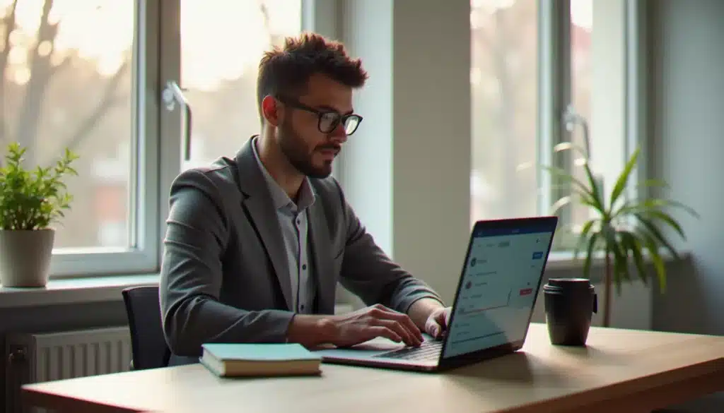 Professionnel indépendant gérant son activité depuis un bureau à domicile lumineux, avec des outils numériques ouverts sur son ordinateur portable