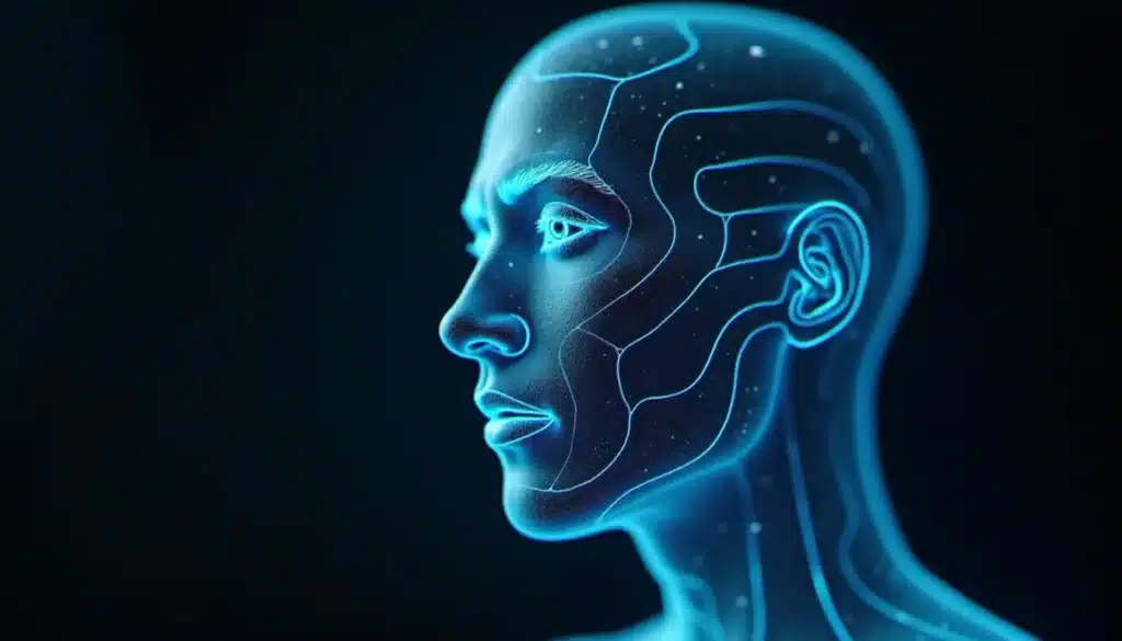 Illustration de la reconnaissance faciale par IA avec un réseau de points biométriques cartographiant un visage, illustrant le fonctionnement de pimeyes