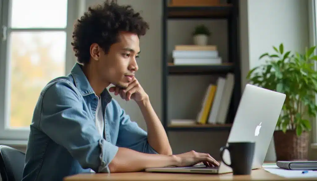 Une personne suivant un cours en ligne sur Udemy sur son ordinateur portable dans un bureau moderne et lumineux