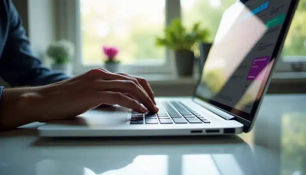 Une personne naviguant sur le web depuis un ordinateur portable dans un bureau lumineux, illustrant l'utilisation quotidienne du web