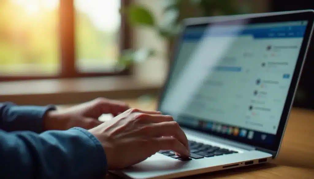 Personne utilisant AOL Mail FR sur un ordinateur portable dans un bureau lumineux