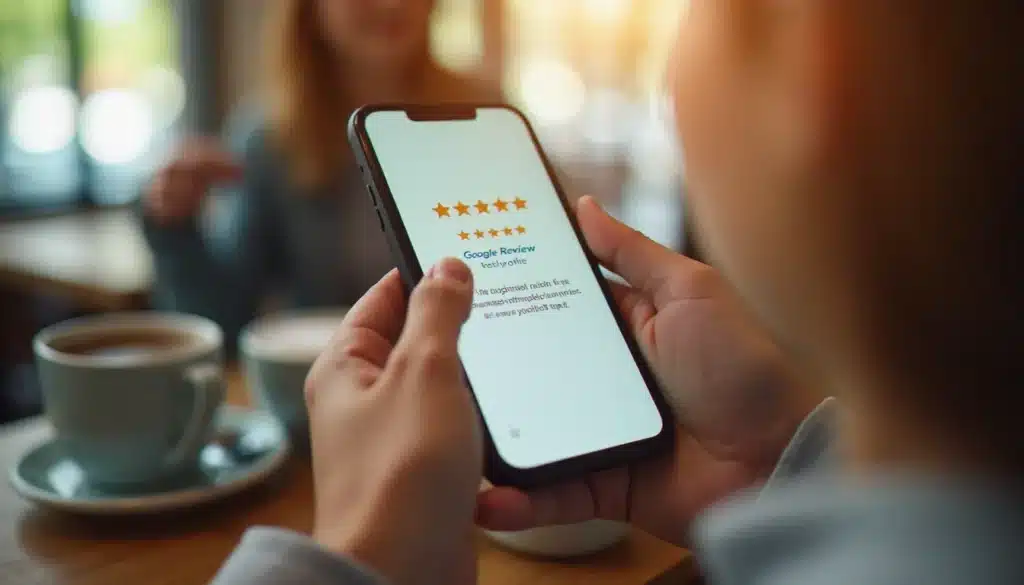 Une personne consultant des avis Google sur son smartphone dans un café, illustrant la gestion des avis Google