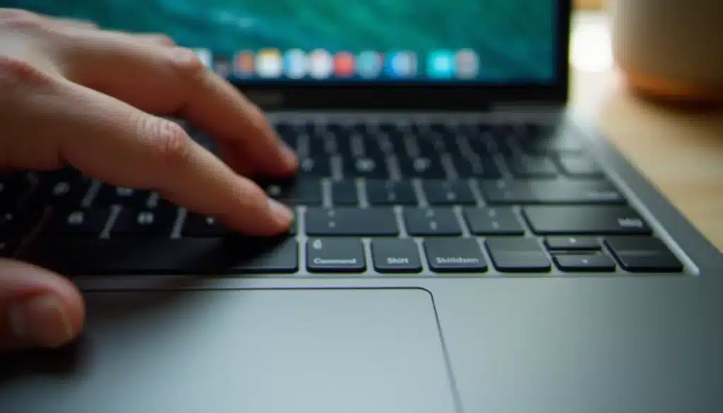 Mains posées sur un clavier MacBook Pro pour effectuer une capture d'écran mac avec le raccourci clavier