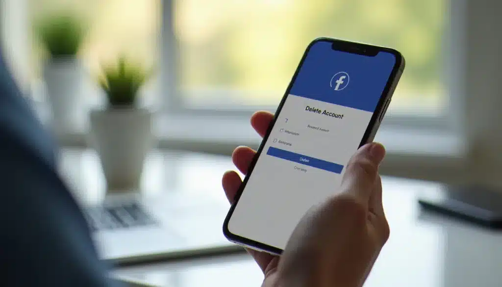 Mains tenant un smartphone affichant les paramètres d'un compte Facebook avec l'option pour supprimer un compte Facebook visible à l'écran