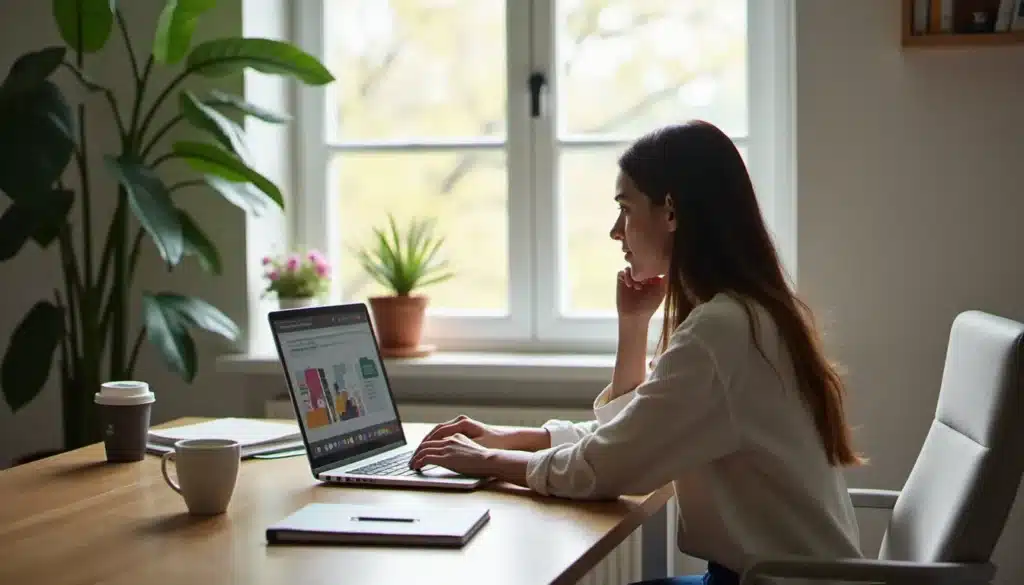 Femme concentrée sur son ordinateur portable suivant un cours en ligne Coursera depuis son bureau à domicile