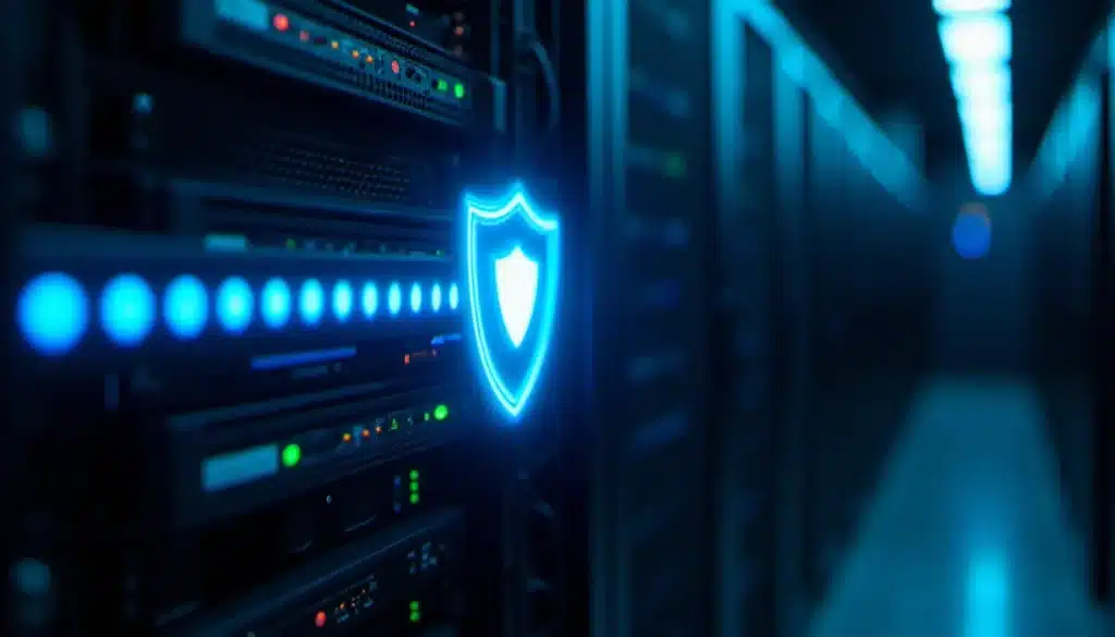 Représentation d'une politique de sécurité CSP sous forme d'un bouclier holographique protégeant un serveur dans un datacenter