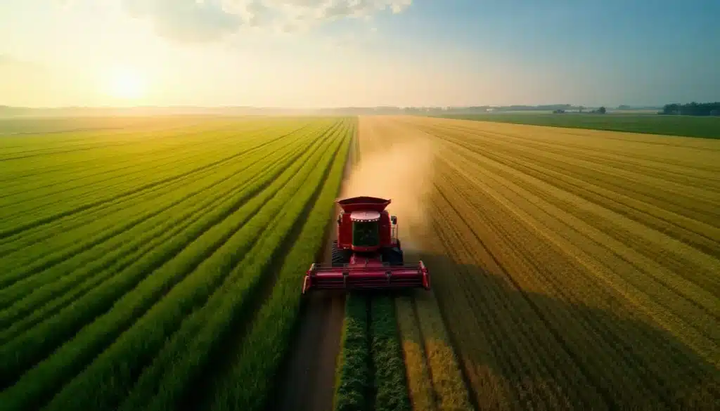 Vue aérienne d'une exploitation agricole avec une moissonneuse-batteuse rouge traversant un champ de blé, illustrant l'univers de Farming Simulator 25