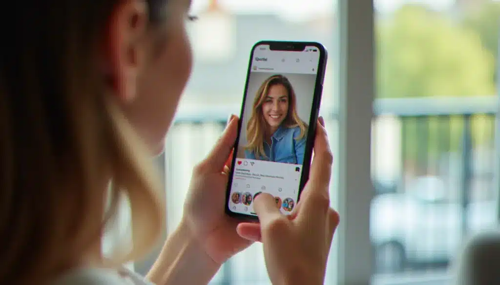 Mains tenant un smartphone affichant une interface d'insta stories avec des stickers colorés en pleine lumière naturelle