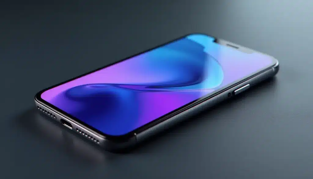 iPhone X posé sur une surface grise mate avec écran allumé affichant un fond d'écran coloré, mettant en valeur l'encoche et le cadre en acier inoxydable