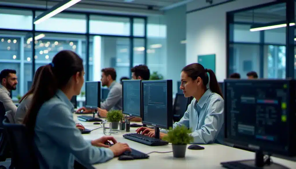 Équipe IT au travail dans un open space moderne avec écrans multiples et salle serveurs en arrière-plan, illustrant les métiers de l'informatique professionnelle
