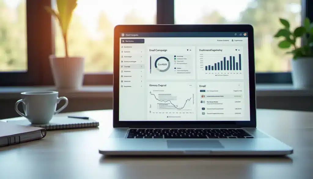Interface d'une plateforme d'emailing de type Mailjet affichée sur un ordinateur portable dans un espace de travail moderne et lumineux