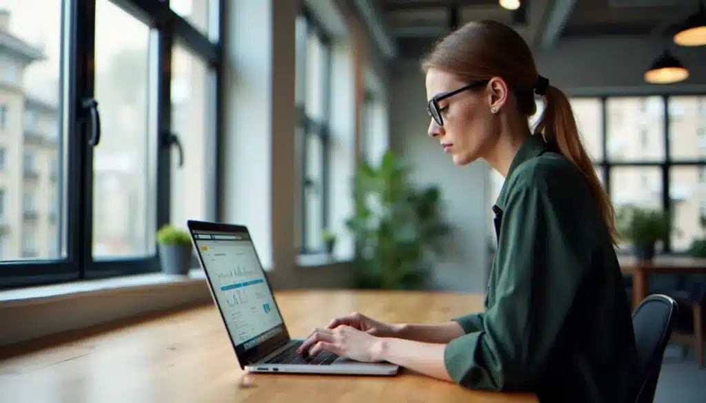 Professionnelle utilisant une stratégie de marketing digital sur un ordinateur portable avec tableaux de bord analytiques