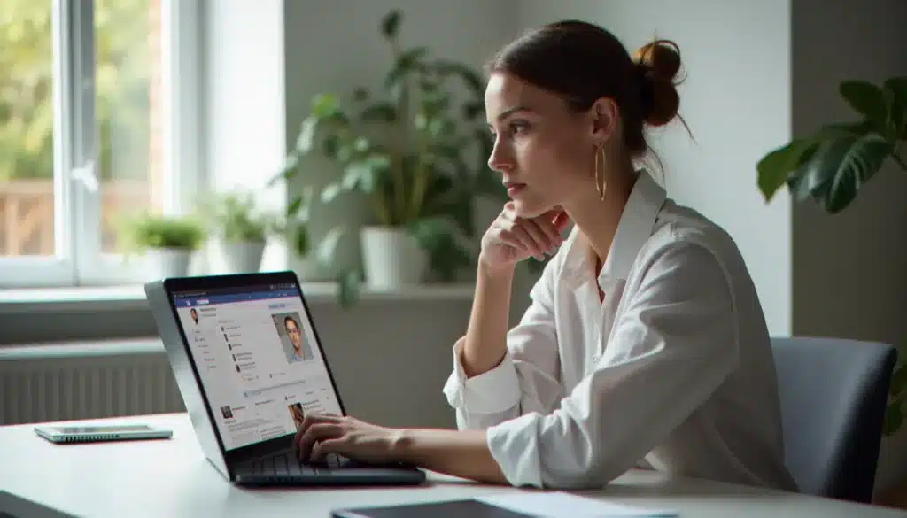 Une professionnelle utilisant Meta Business Suite sur son ordinateur portable pour gérer ses pages Facebook et Instagram depuis son bureau à domicile