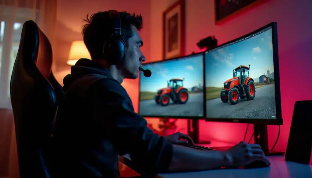 Un joueur parcourant la plateforme modhub sur son ordinateur pour télécharger des mods de simulation agricole