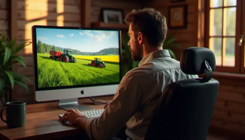 Un joueur installant des mods FS25 sur son ordinateur, avec l'interface de Farming Simulator 25 affichant une carte agricole détaillée à l'écran