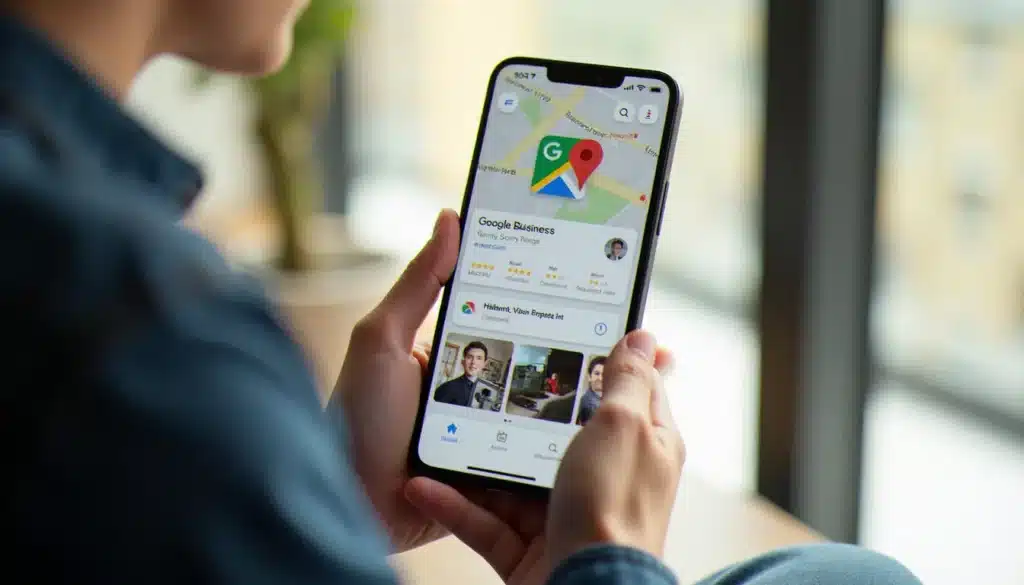 Mains tenant un smartphone affichant une fiche mon activité Google avec des avis et une carte, en lumière naturelle