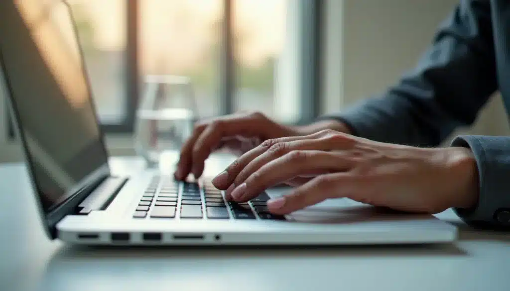 Mains sur un clavier d'ordinateur portable utilisant le raccourci du presse papier Ctrl+C, bureau minimaliste en arrière-plan