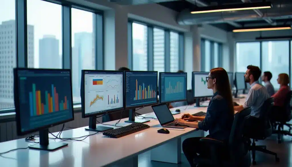 Équipe de commerciaux travaillant sur des tableaux de bord Salesforce dans un open space moderne et lumineux