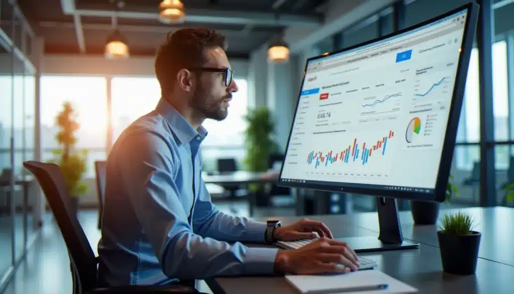 Un professionnel analysant des données de référencement naturel SEO sur un écran d'ordinateur dans un bureau lumineux