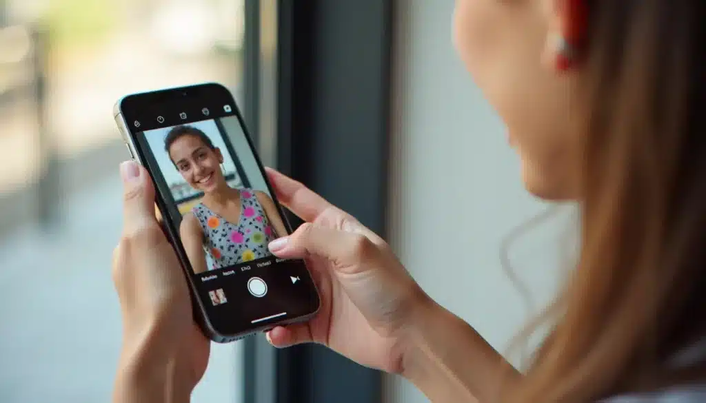 Mains tenant un smartphone avec l'interface de création de story insta ouverte, lumière naturelle douce
