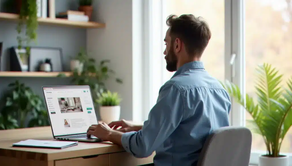 Personne créant un site web avec Webador sur un ordinateur portable dans un bureau lumineux