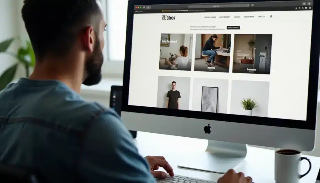 Un designer utilisant Webflow sur un iMac dans un bureau moderne pour créer un site web visuellement