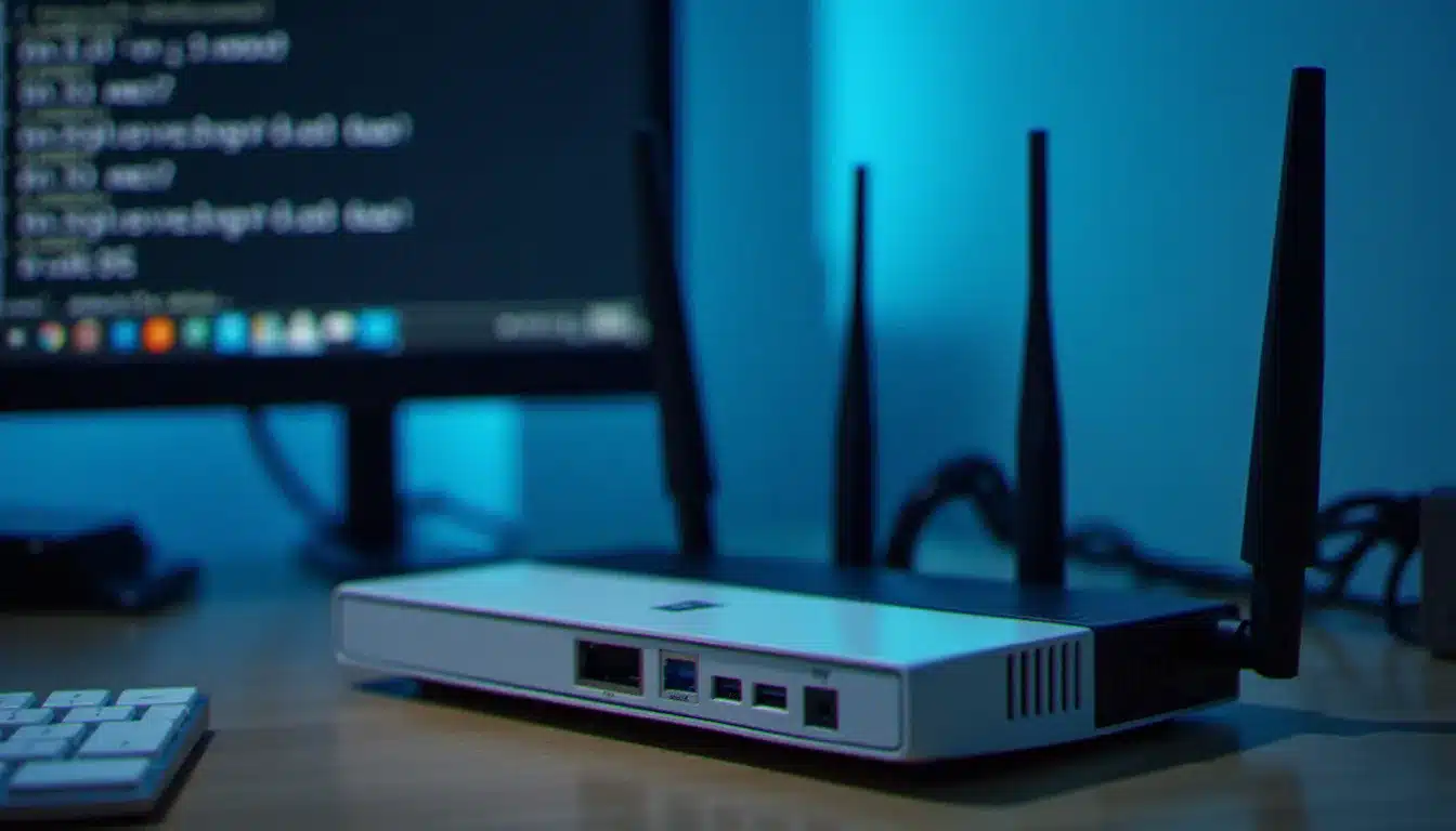 Routeur Wi-Fi moderne posé sur un bureau avec un terminal affichant un diagnostic réseau, illustrant la vérification de connectivité vers une adresse IP locale