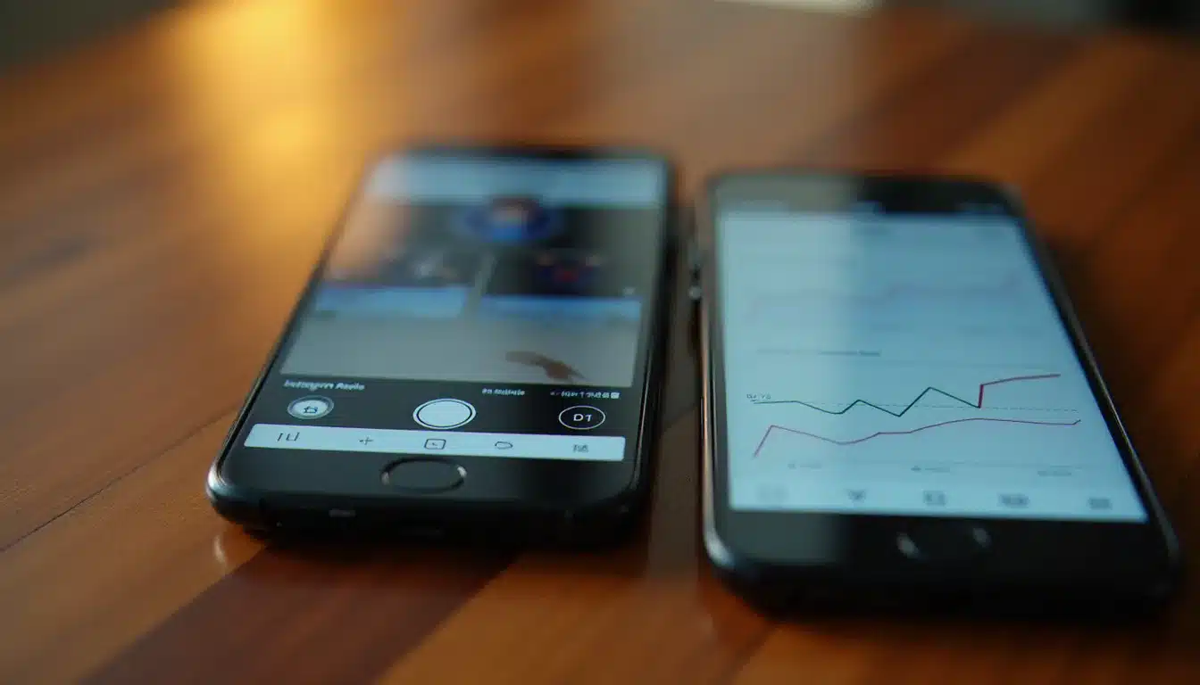 Deux smartphones affichant l'interface Reels et les statistiques de croissance Instagram sur une table en bois