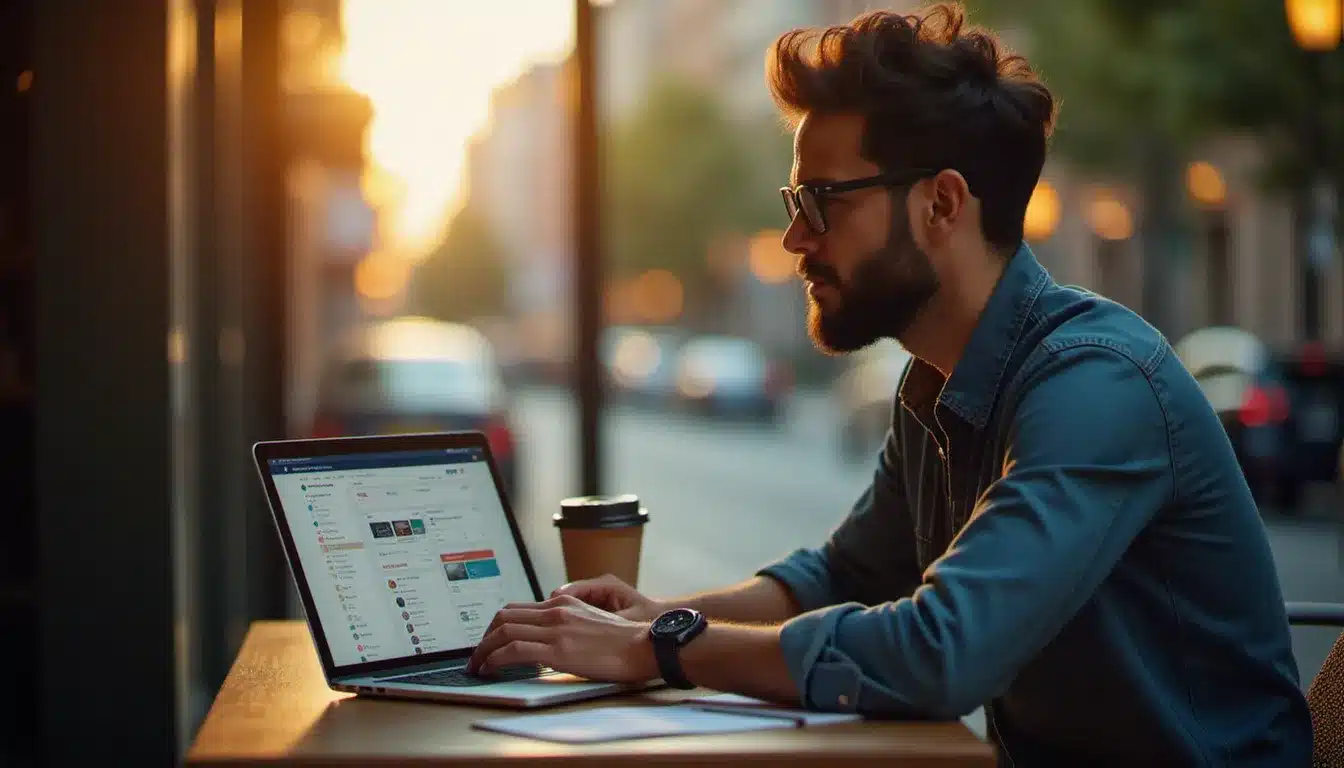 Homme utilisant un outil de planification de contenu Instagram sur son ordinateur portable dans un café en lumière naturelle