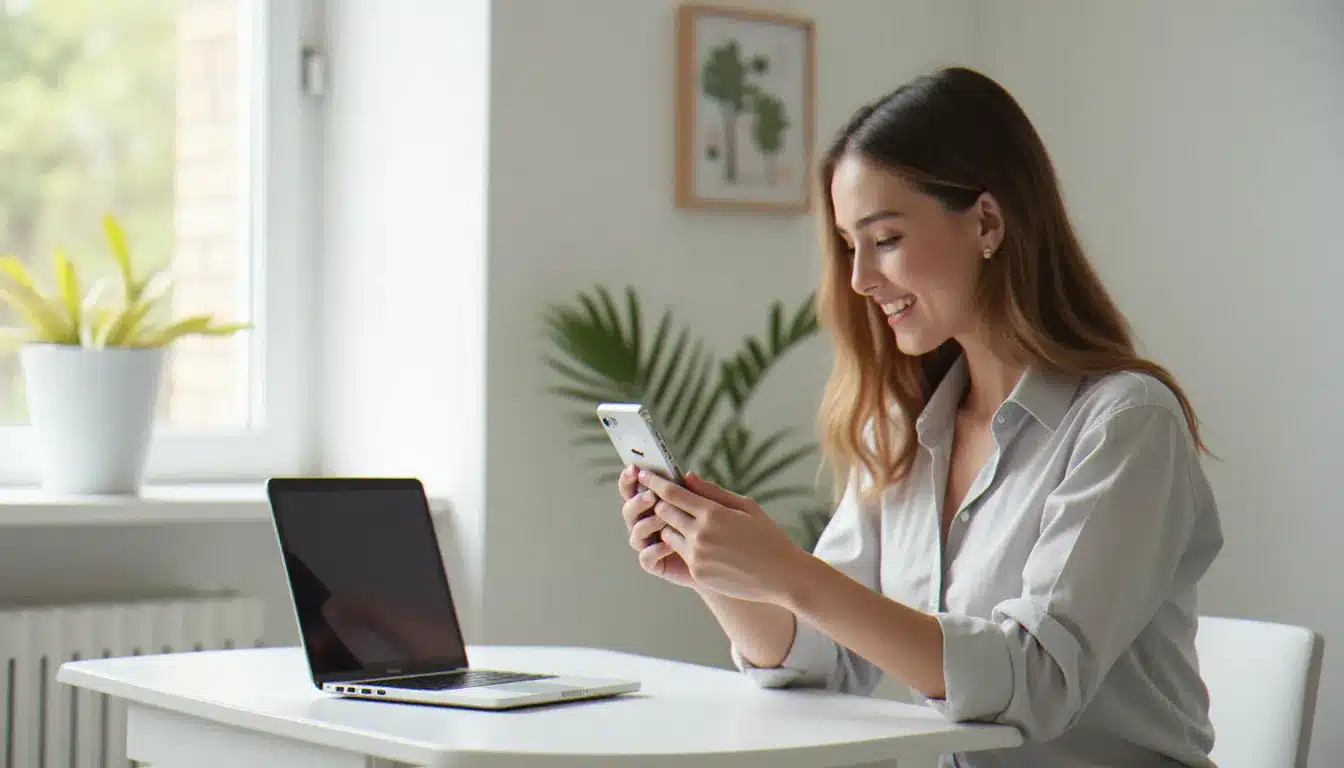 Jeune femme consultant sa progression d'abonnés pour Instagram sur son smartphone dans un bureau moderne
