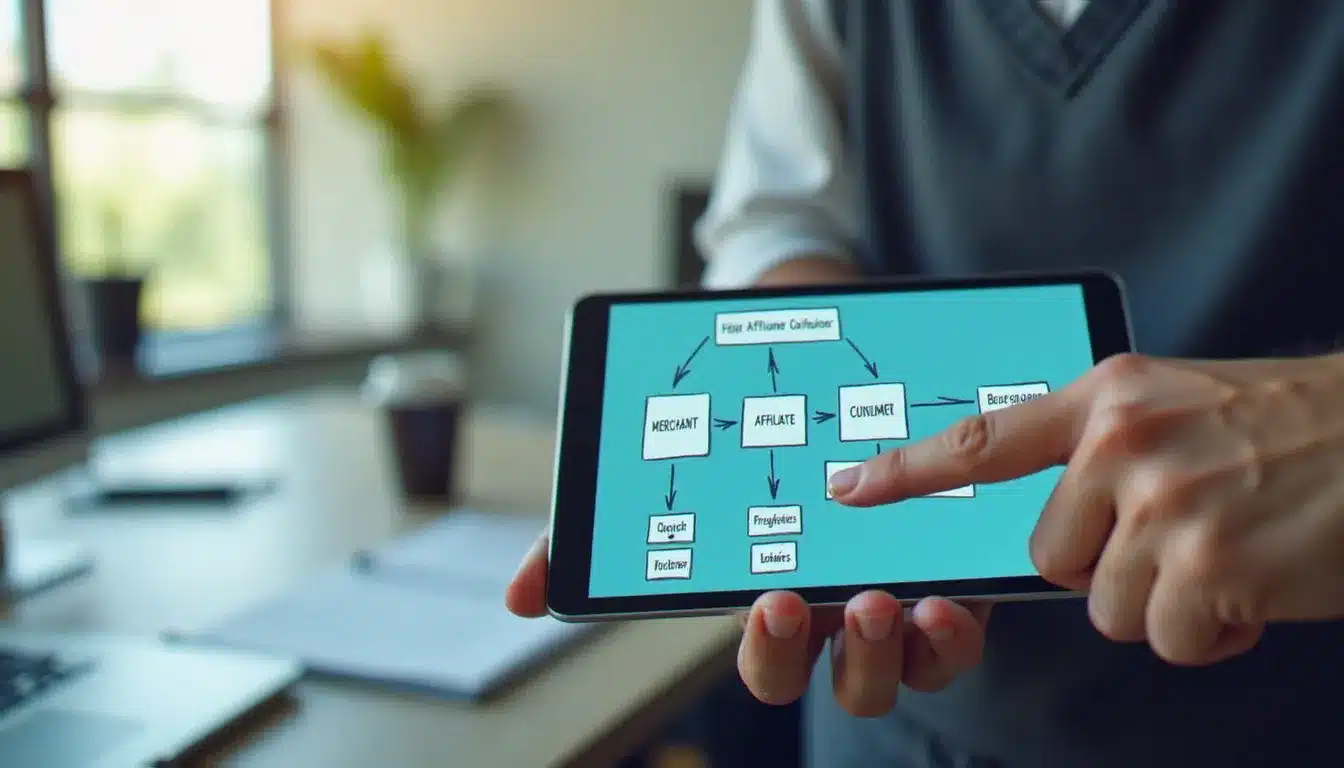 Schéma de fonctionnement d'un programme d'affiliation sur tablette numérique, montrant la chaîne entre marchand, affilié et consommateur