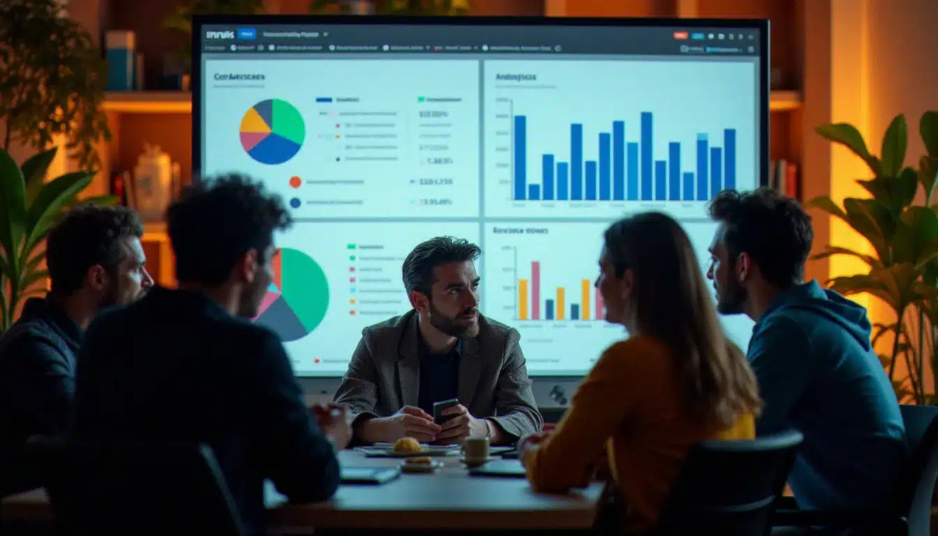 Groupe de créateurs de contenu analysant des statistiques de performance d'affiliation sur un grand écran dans un espace de travail collaboratif