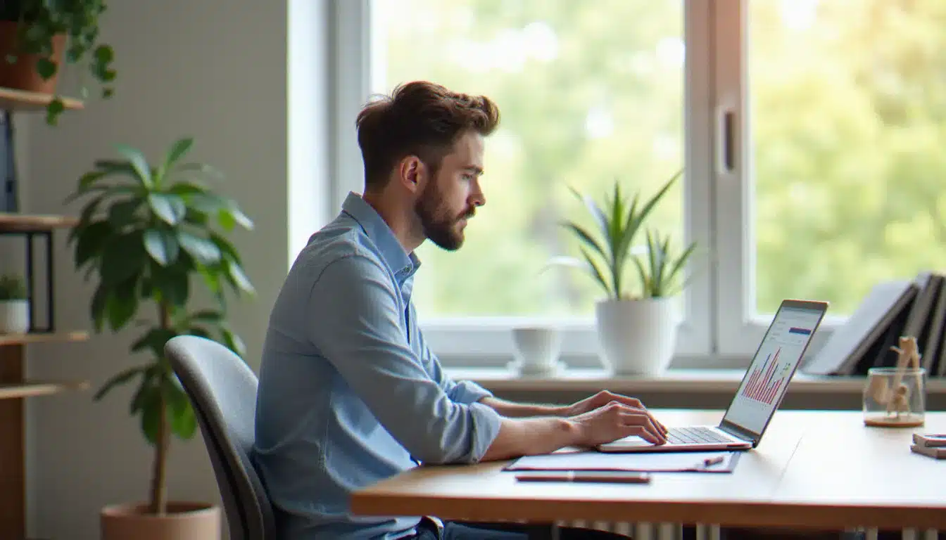 Jeune rédacteur web analysant des données de marketing d'affiliation sur son ordinateur portable dans un bureau moderne lumineux, illustrant la définition de l'affiliation