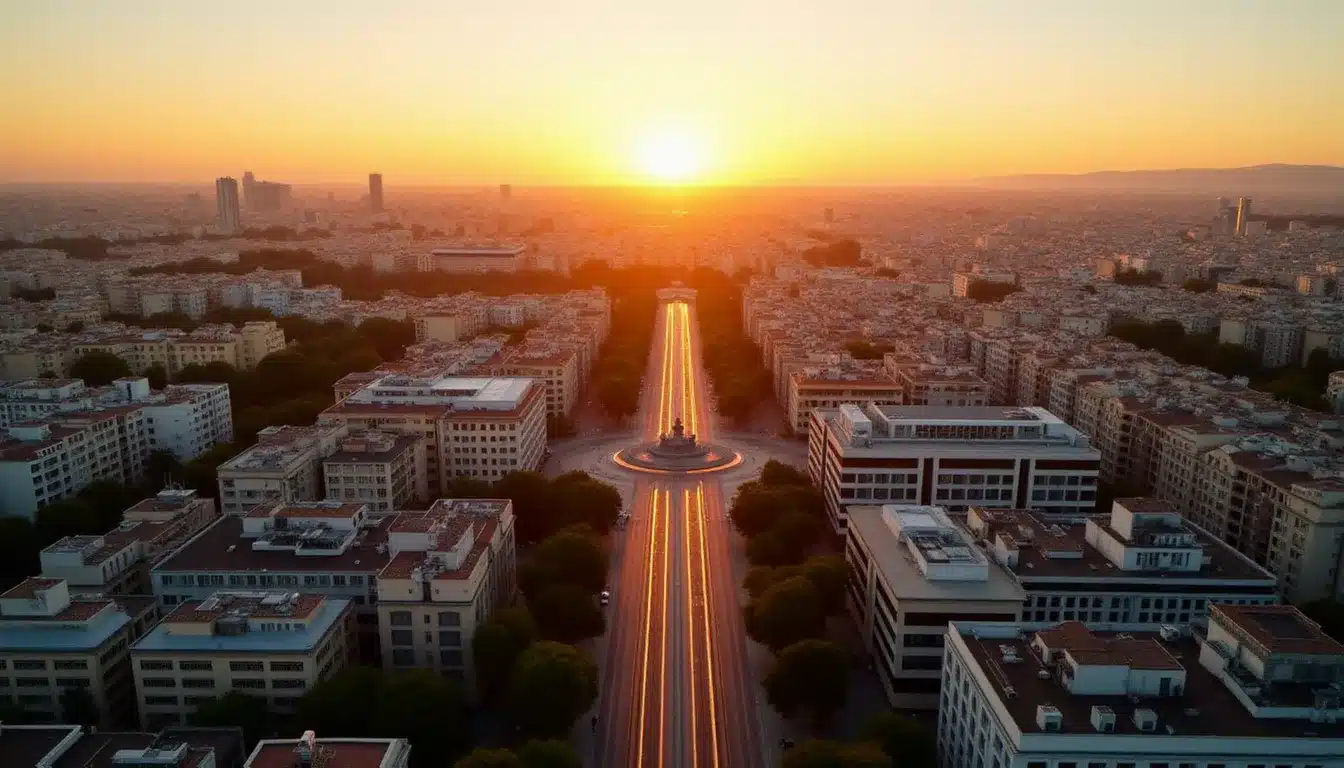 Vue aérienne de Montpellier au coucher du soleil montrant la place de la Comédie et le quartier d'affaires, ville dynamique où l'agence digitale Clickzou accompagne les entreprises locales
