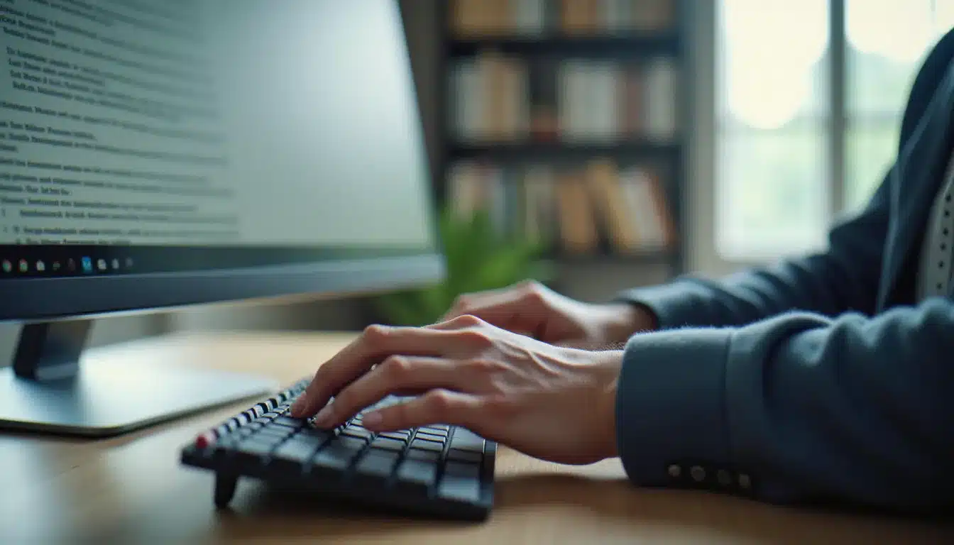 Auteur en train de préparer et formater son manuscrit pour une publication sur Amazon KDP depuis son bureau à domicile