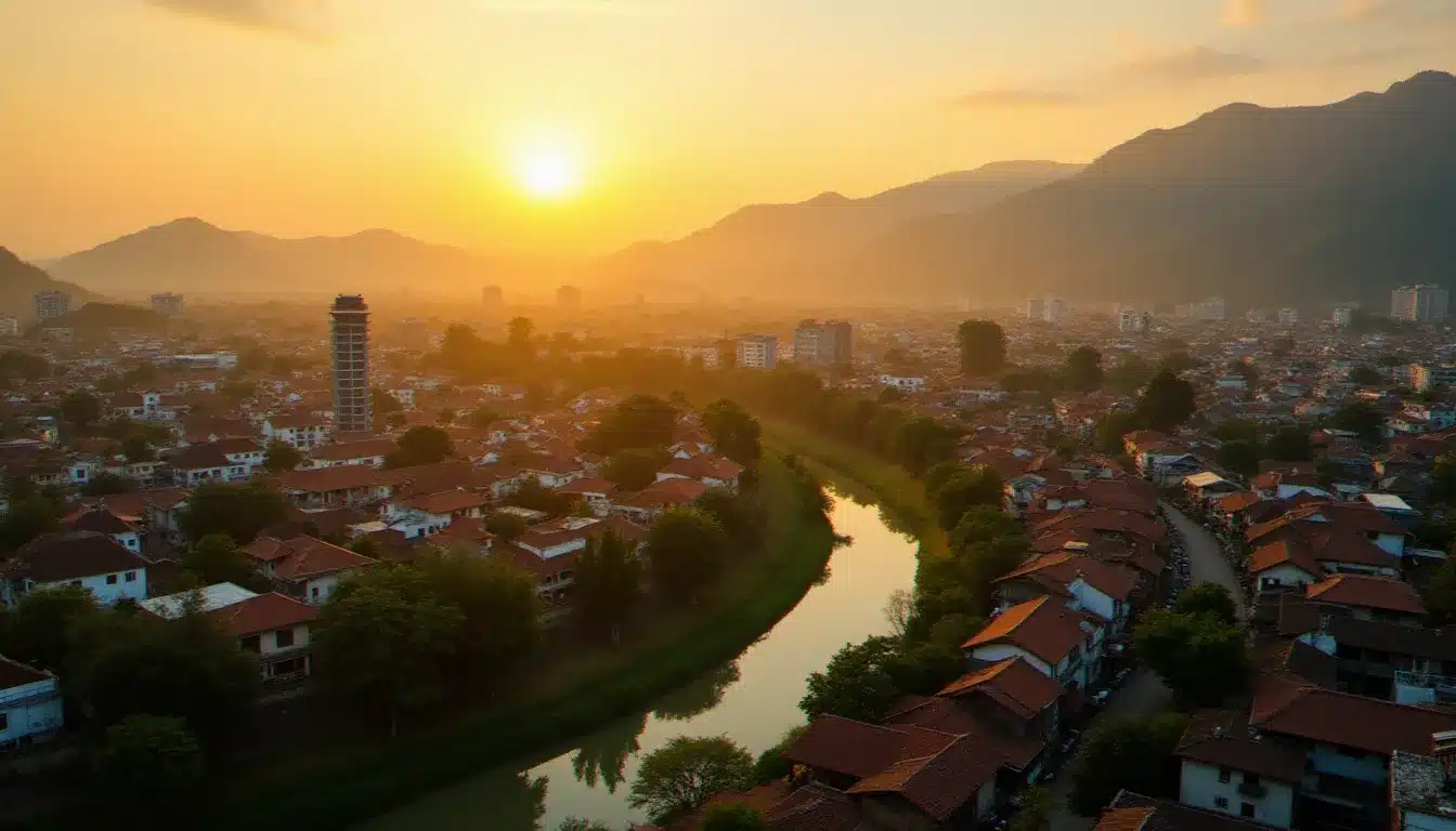 Vue aérienne de Chiang Mai en Thaïlande du Nord au coucher du soleil, illustrant pourquoi cette ville est devenue un hub pour les consultants SEO et digital nomads francophones