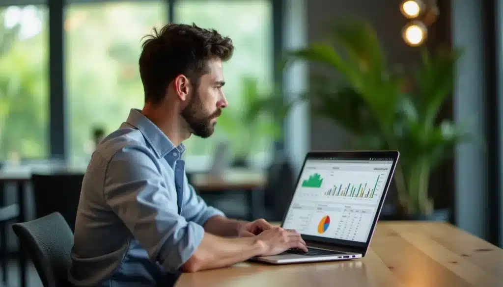 Consultant SEO francophone travaillant sur des analyses de référencement naturel dans un espace de coworking lumineux à Chiang Mai, illustrant le profil de Cédric Guérin expert SEO en Thaïlande