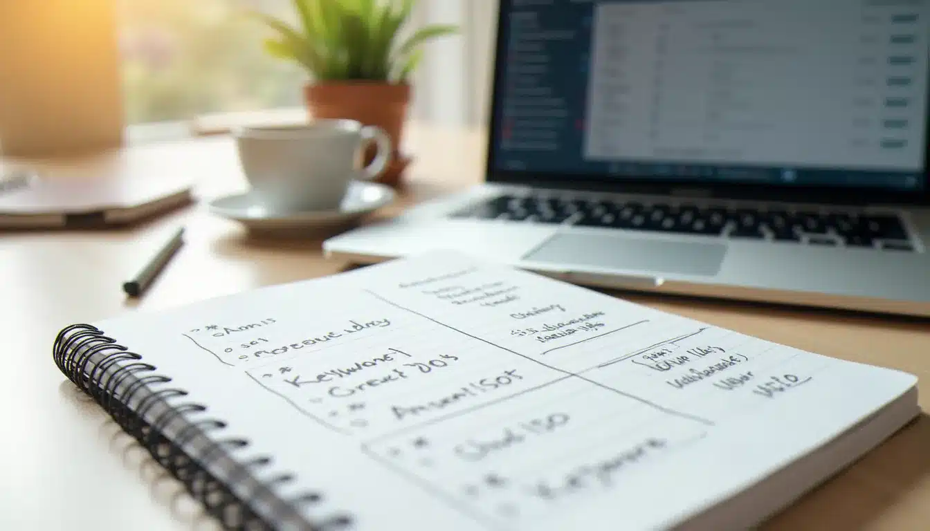 Cahier de notes d'audit SEO et outil de recherche de mots-clés sur un ordinateur portable, illustrant la méthodologie structurée en trois phases de Team SEO Rennes