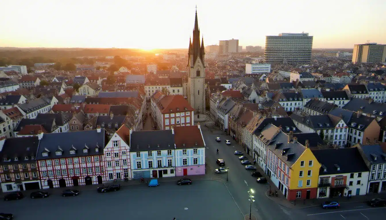 Vue aérienne panoramique du centre-ville de Rennes illustrant l'ancrage territorial de l'expertise SEO locale de Cédric Guérin et Team SEO Rennes en Bretagne