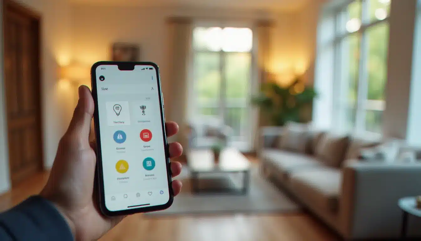 Mains tenant un smartphone affichant une application de contrôle de maison connected avec icônes de lumières, thermostat et sécurité sur fond d'appartement moderne
