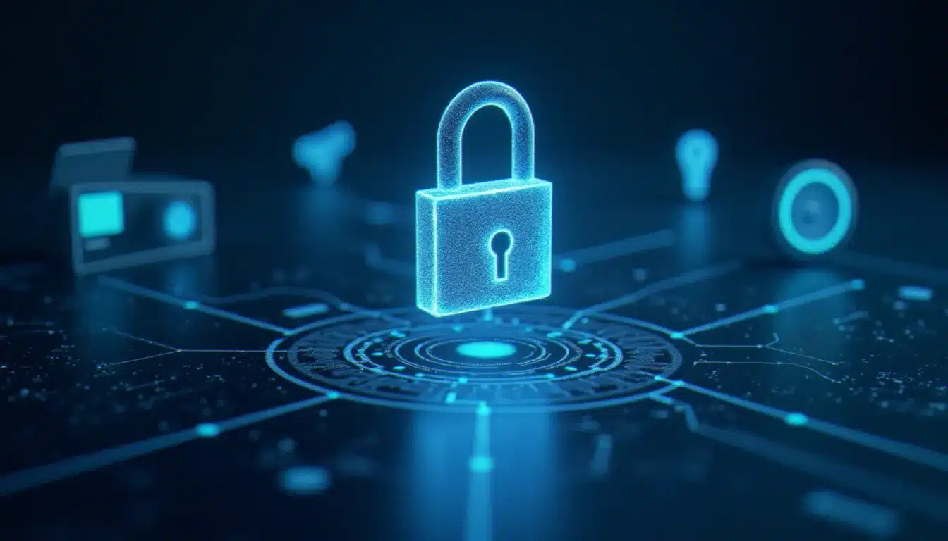 Représentation visuelle des risques de sécurité dans un écosystème connected, avec cadenas numérique lumineux et réseau d'objets connectés sur fond sombre atmosphérique