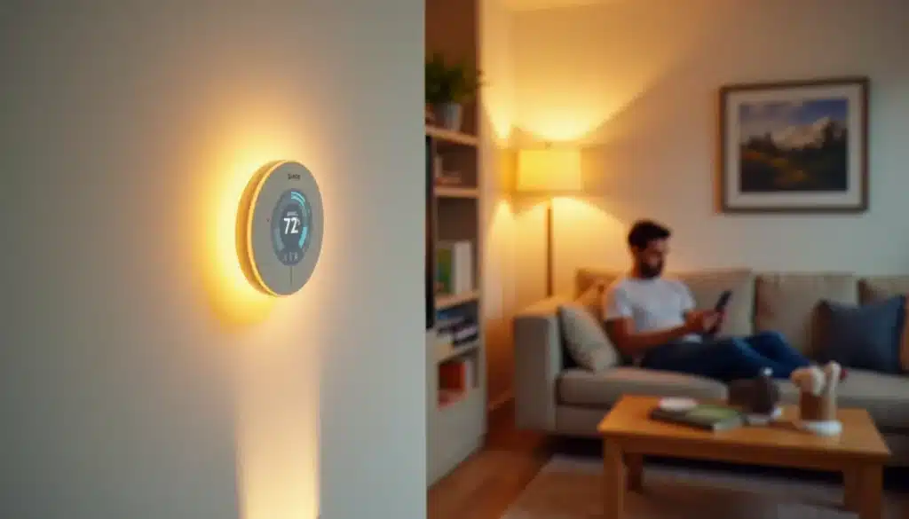 Salon moderne avec appareils connected visibles — thermostat intelligent mural, ampoules connectées et enceinte intelligente, illustrant un foyer connecté en 2026