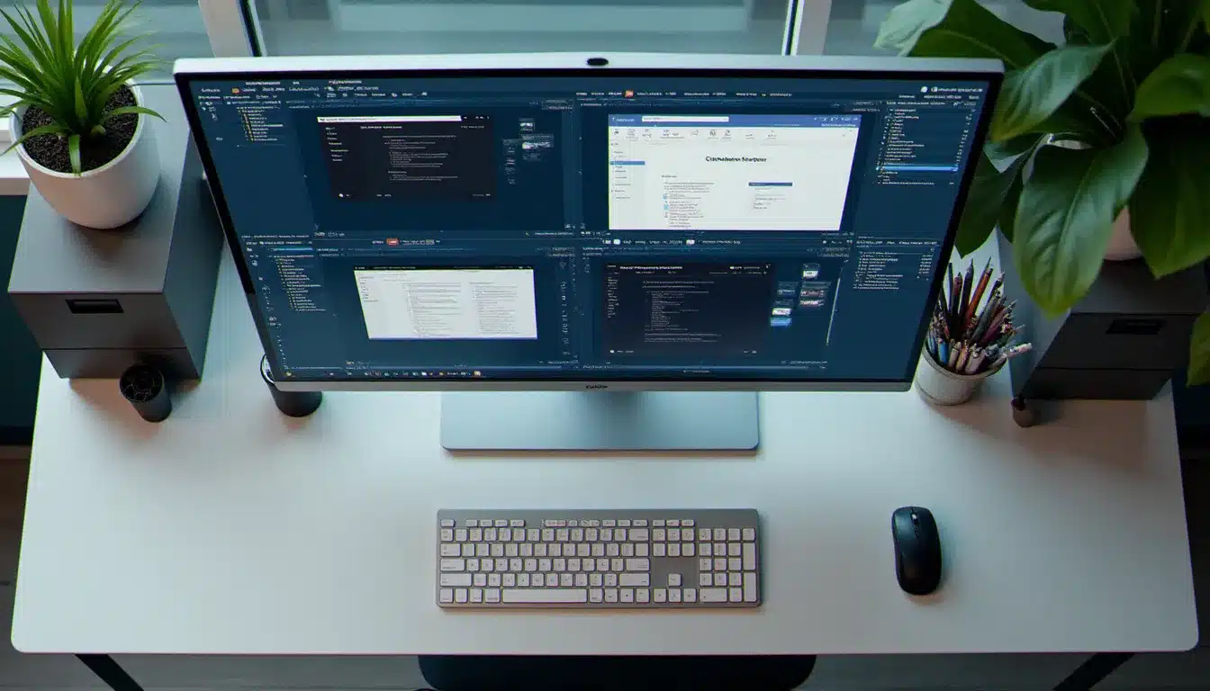 Vue en plongée d'un bureau moderne avec un écran affichant une comparaison de plusieurs interfaces de correcteurs orthographiques côte à côte
