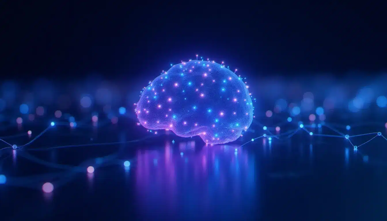 Visualisation abstraite d'un réseau de neurones artificiels lumineux illustrant le fonctionnement de l'IA dans les correcteurs orthographiques modernes