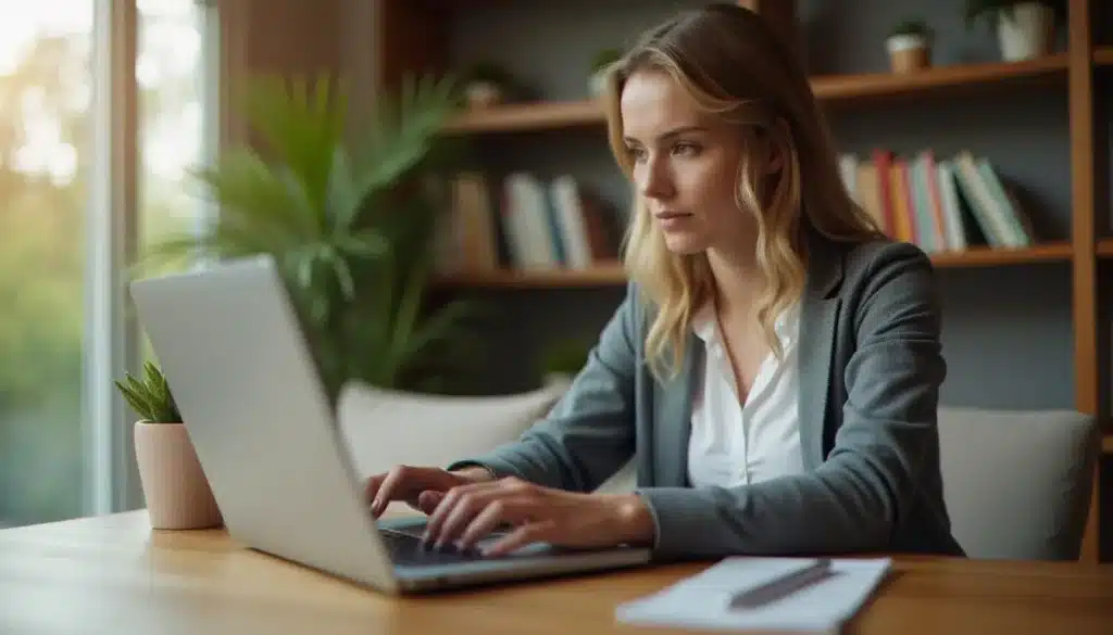 Une professionnelle utilisant un correcteur orthographe sur son ordinateur portable, avec des soulignements de correction visibles à l'écran dans un document en français