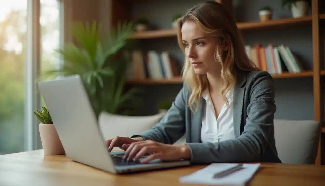 Une professionnelle utilisant un correcteur orthographe sur son ordinateur portable, avec des soulignements de correction visibles à l'écran dans un document en français