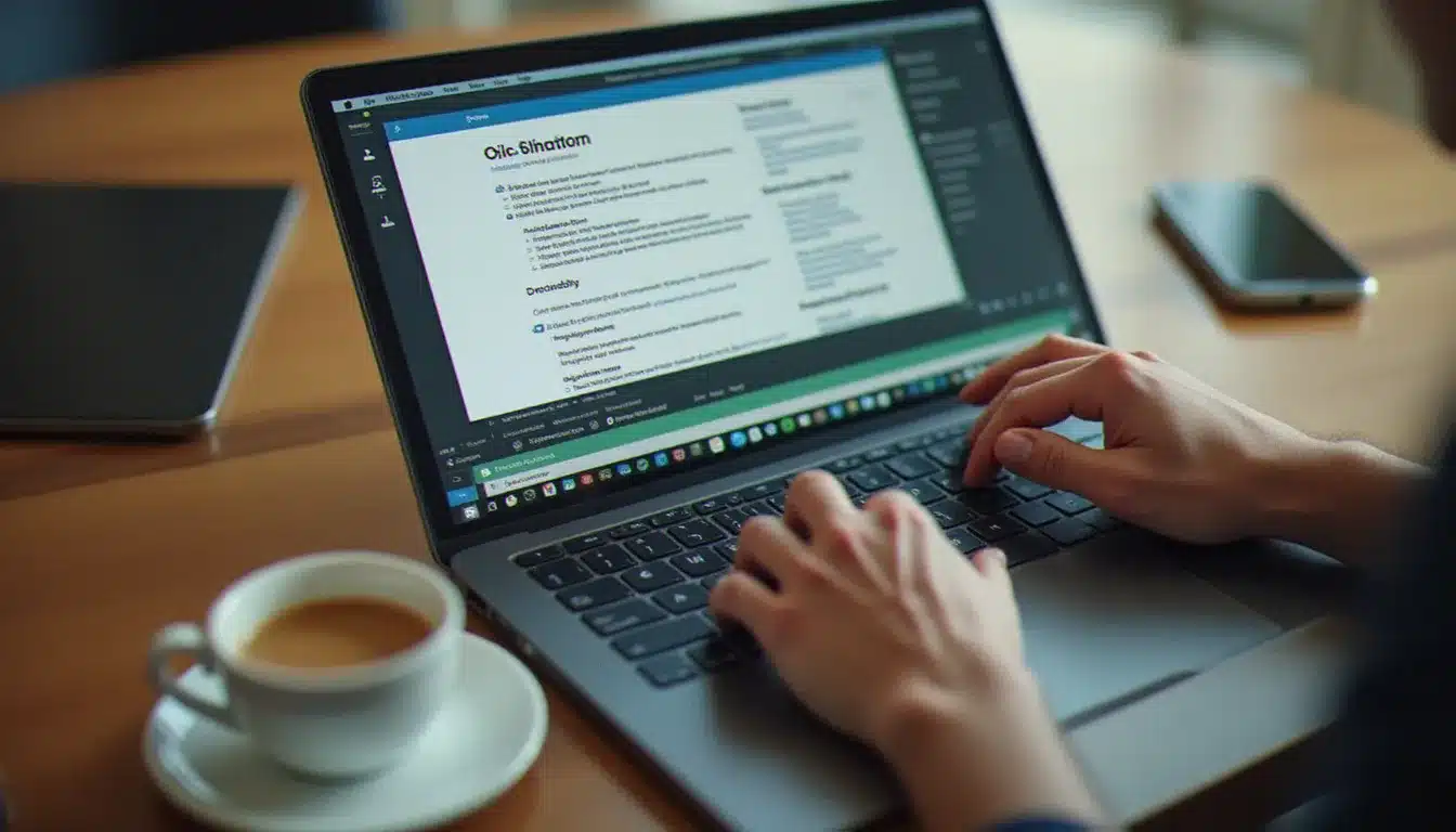 Gros plan sur des mains tapant sur un clavier d'ordinateur portable avec à l'écran un modèle de CV structuré, représentant les étapes pour créer un CV gratuitement