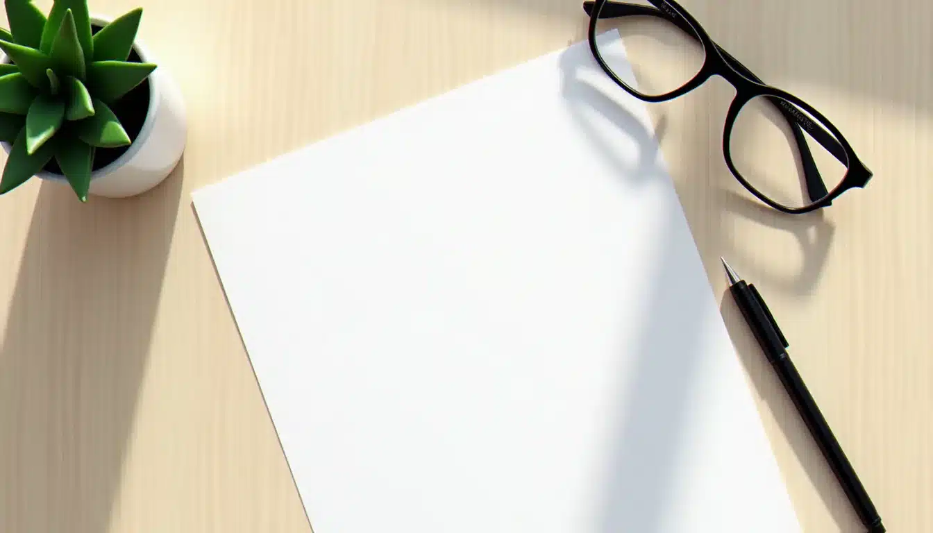 Vue de dessus d'un CV imprimé posé sur un bureau en bois clair à côté d'un stylo et d'une plante verte, illustrant le résultat final après avoir créé un CV gratuitement